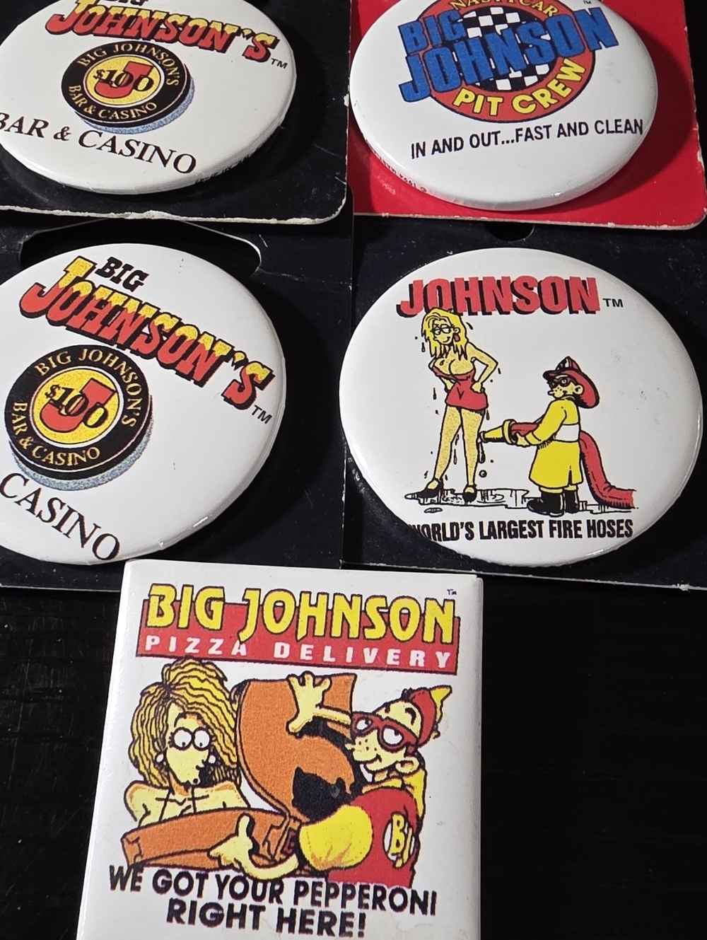 Vintage 90s Big Johnson Button Pin Back Lot Casino Pizza Pit Crew - Picture 3 of 4